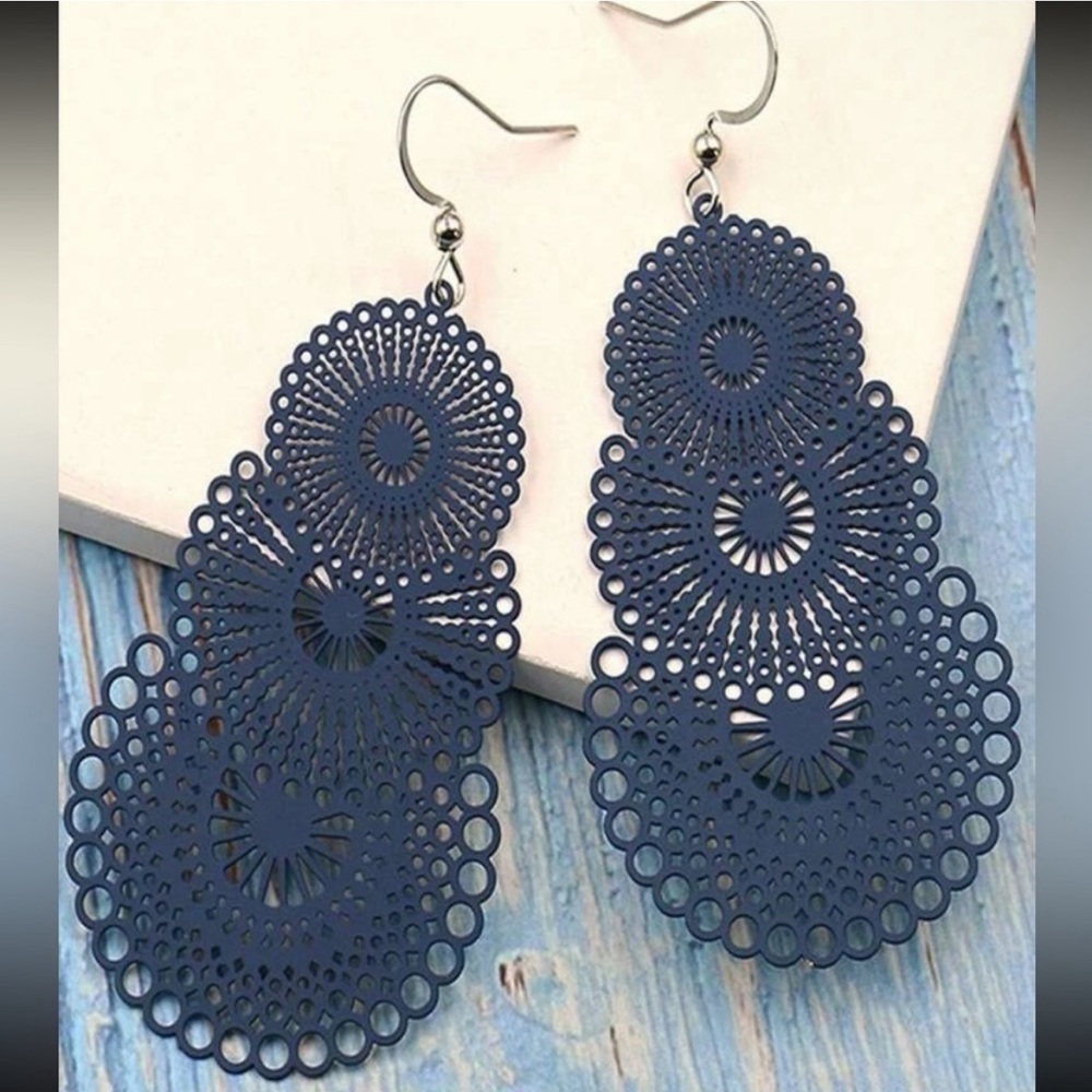 Navy Blue Basketweave Drop Earrings